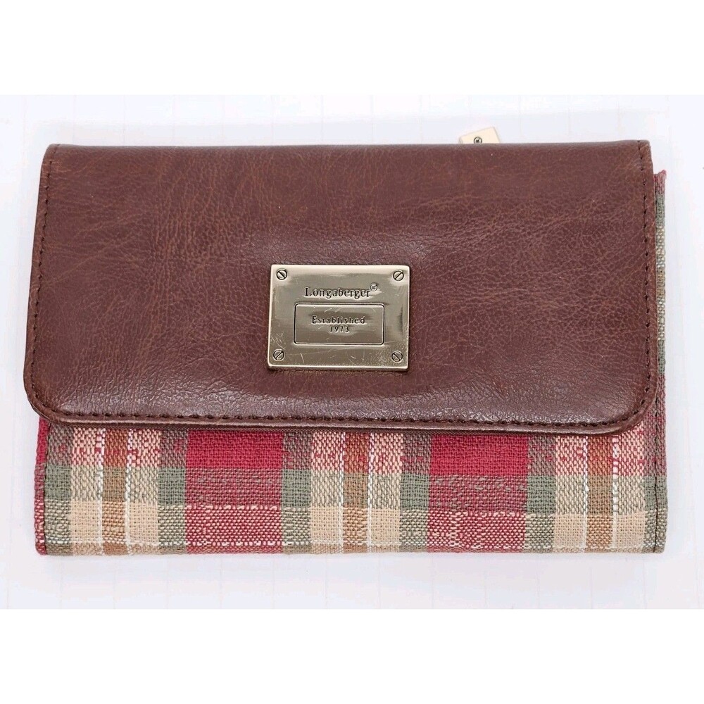 Longaberger Homestead Brown Leather Wallet Red Plaid Flap Snap Closure Tri Fold